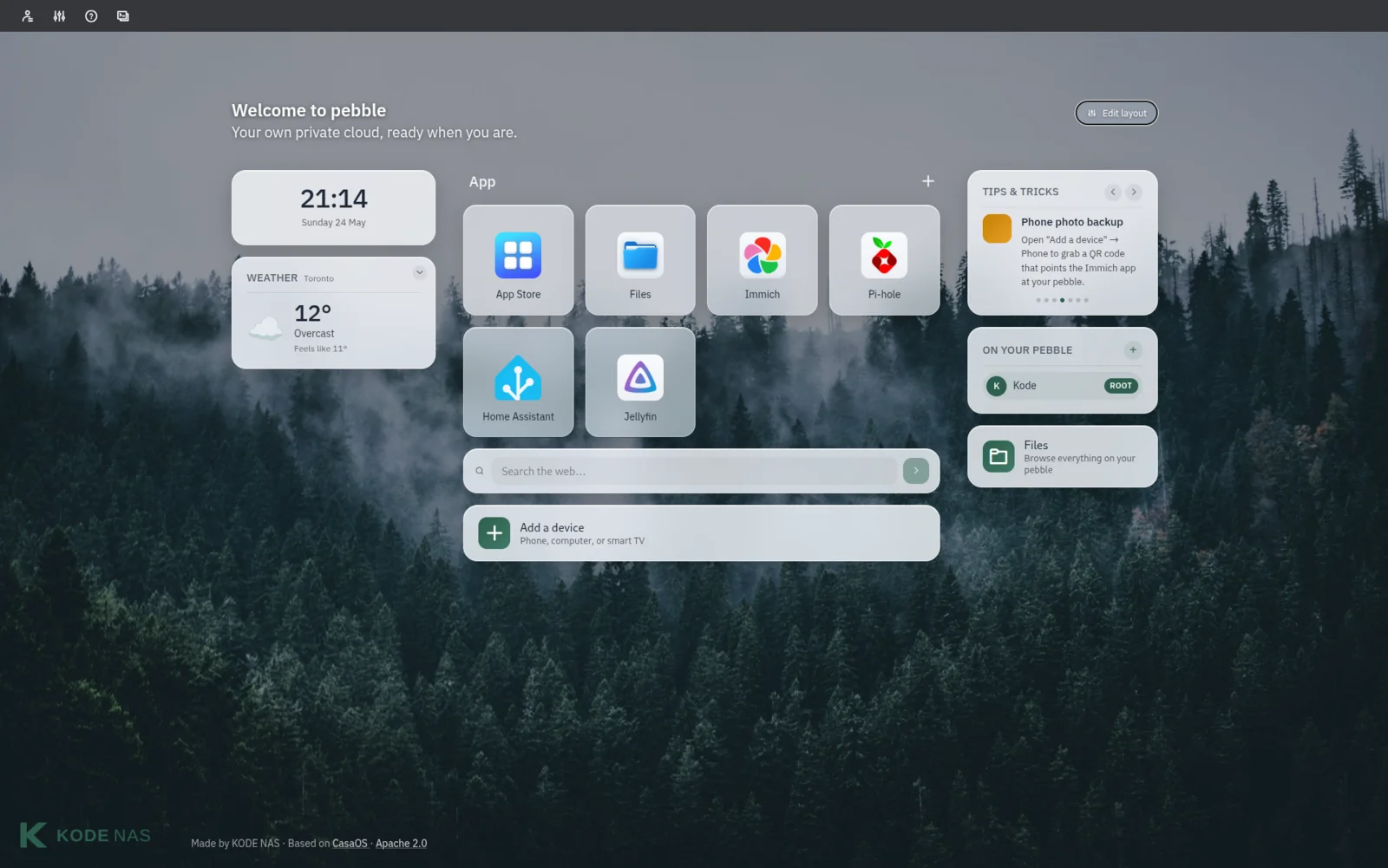 A more compact KODE OS dashboard layout showing the apps grid centered, with side tiles for clock, weather, tips, files, and a device.