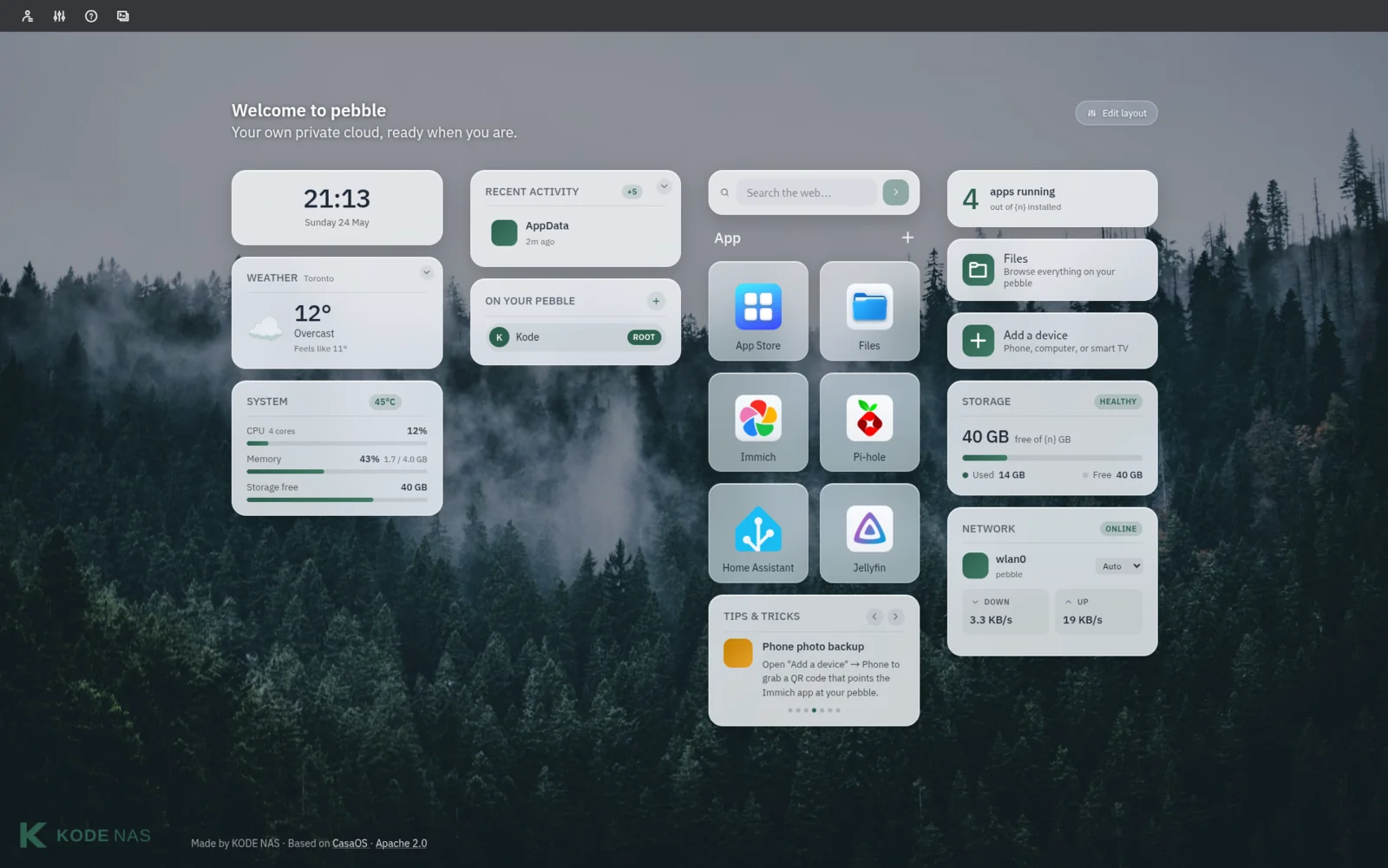 The KODE OS dashboard — Welcome to pebble, with widgets for clock, weather, apps, family, files, system, and network.