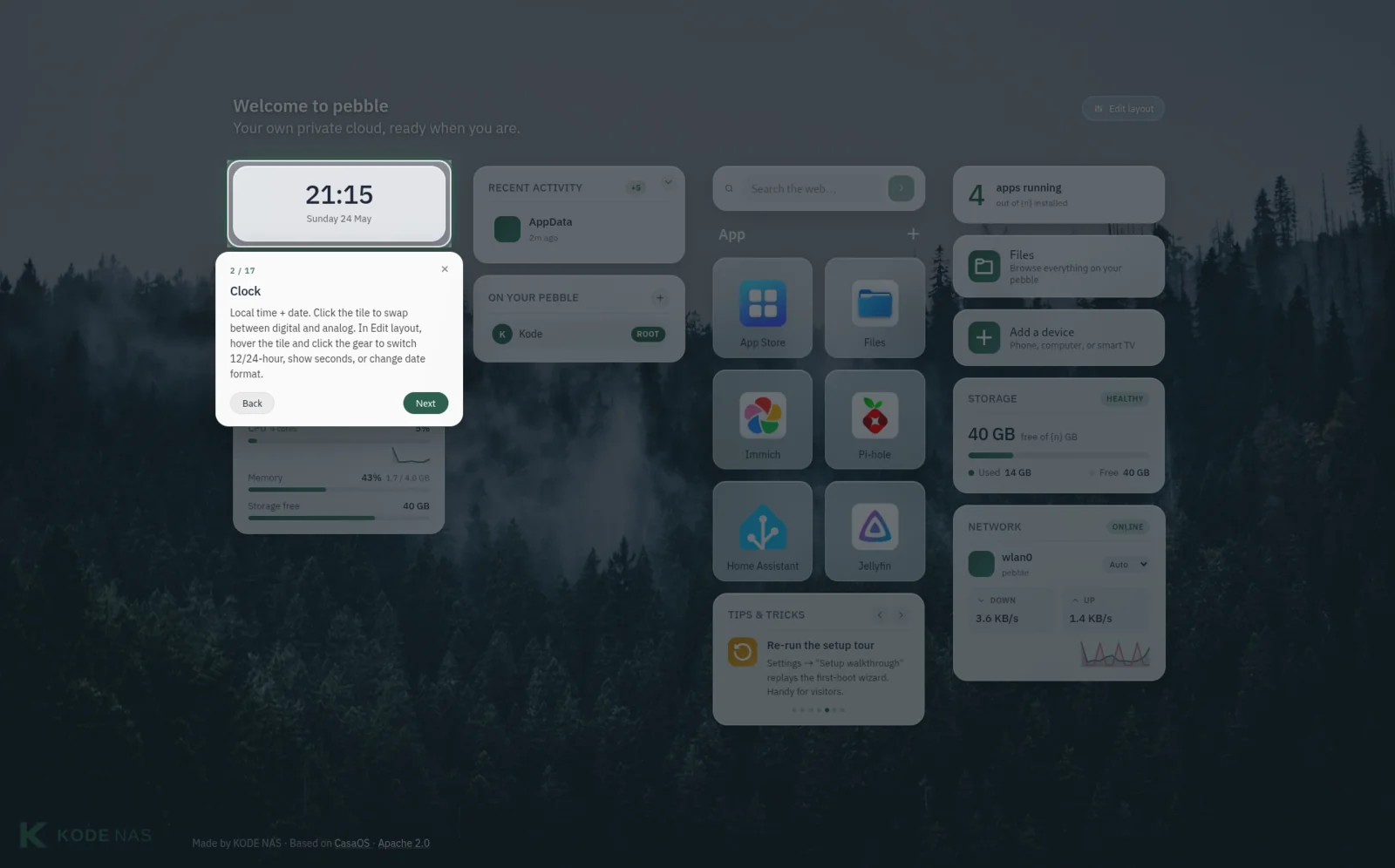 The KODE OS tour spotlights the Clock tile and explains how to switch between digital and analog, and configure the time format.