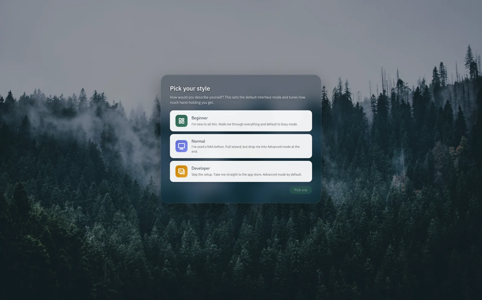 Welcome wizard step asking 'Pick your style' with options for Beginner, Normal, and Developer.